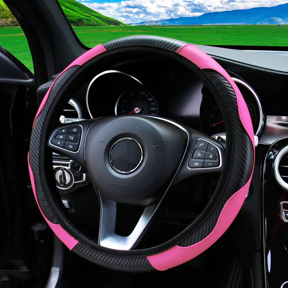 Carbon Fiber Stitched Leather Steering Wheel Cover. Universal Fit Comfortable Minimal Look. Carbon Fibre Trim Pink Black