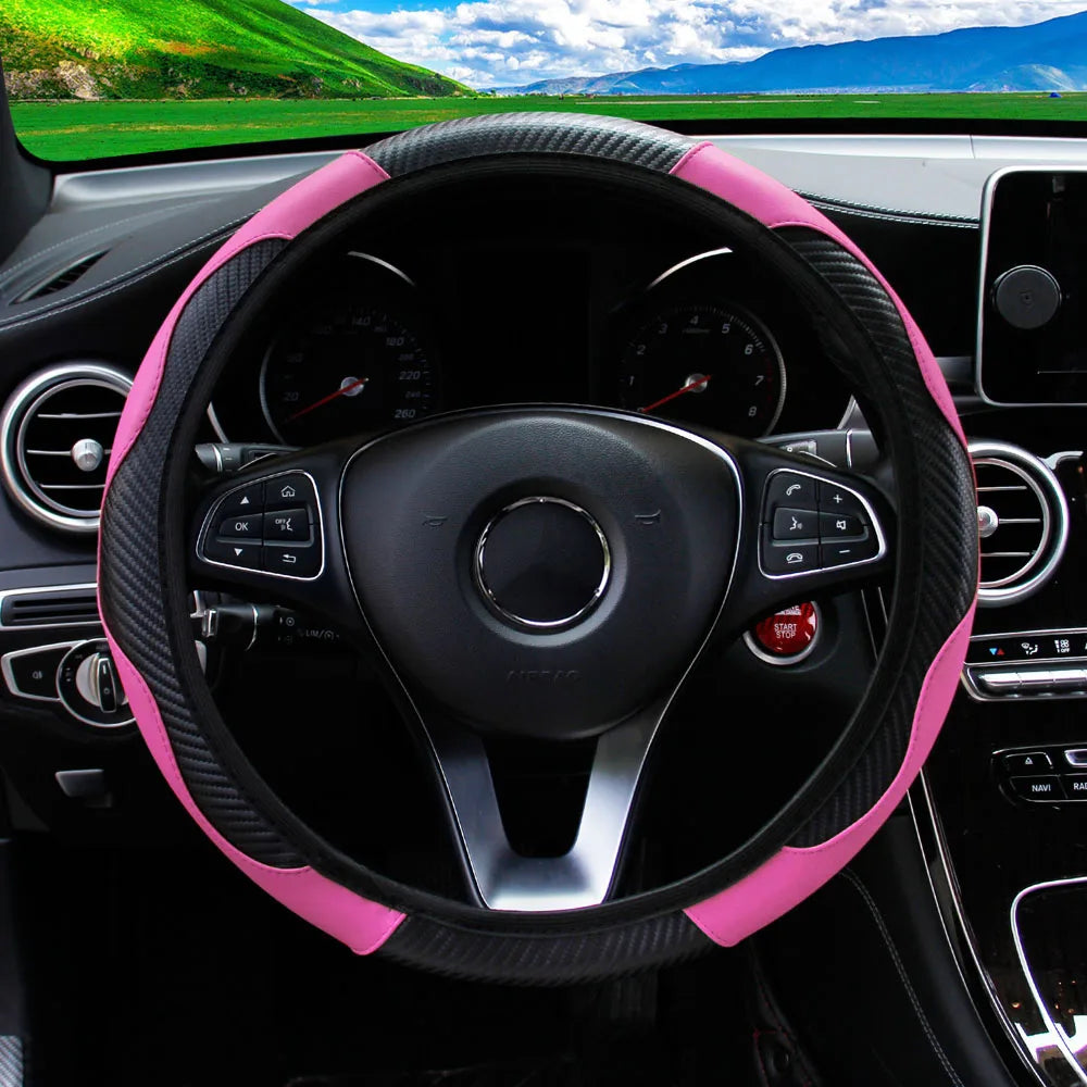 Carbon Fiber Stitched Leather Steering Wheel Cover. Universal Fit Comfortable Minimal Look. Carbon Fibre Trim Pink and Black