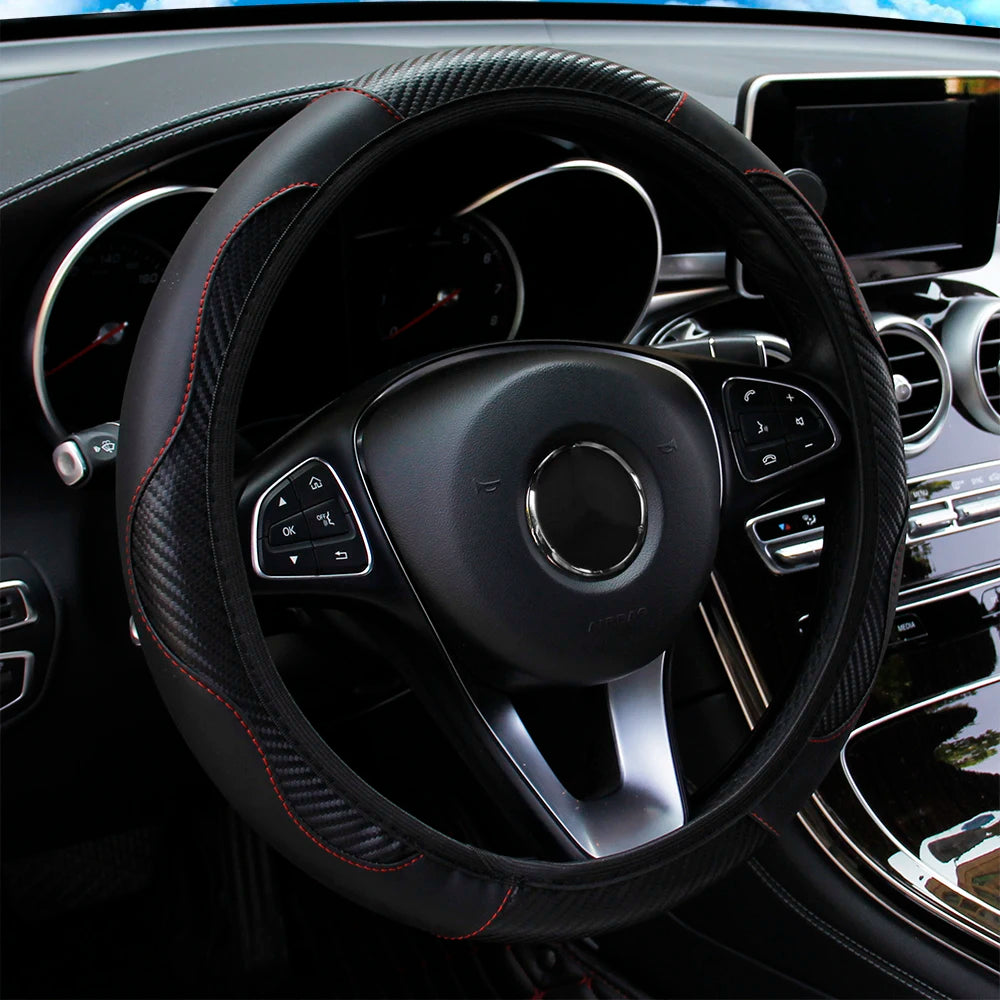 Carbon Fiber Stitched Leather Steering Wheel Cover. Universal Fit Comfortable Minimal Look. Carbon Fibre Trim Red Black