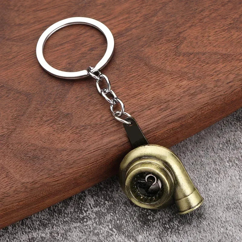 Mini Car Turbo Metal Keyring Pendant. Turbocharged Whistle Keychain, Brass, 