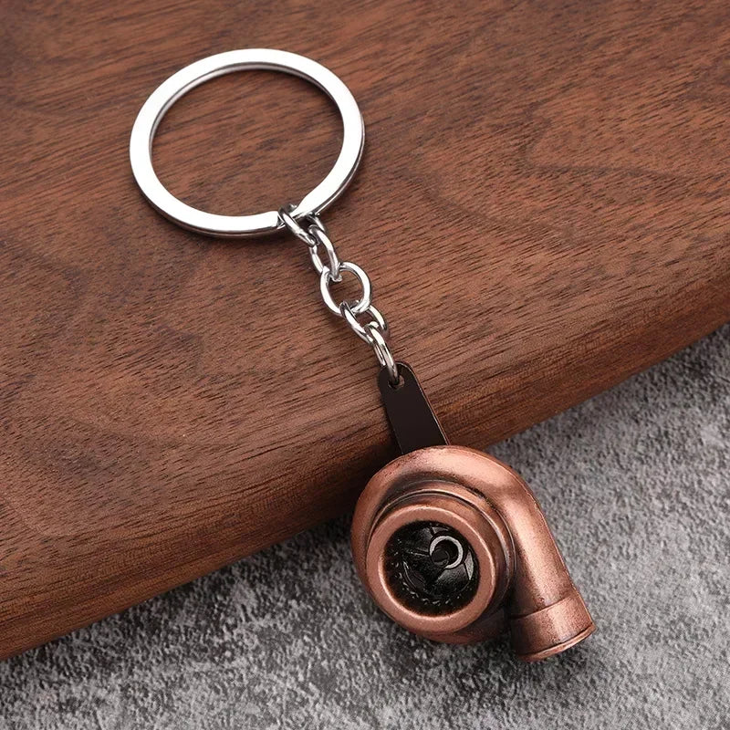 Mini Car Turbo Metal Keyring Pendant. Turbocharged Whistle Keychain, Bronze,