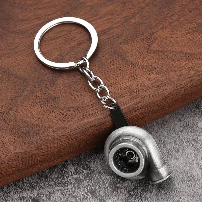 Mini Car Turbo Metal Keyring Pendant. Turbocharged Whistle Keychain, Matte Silver