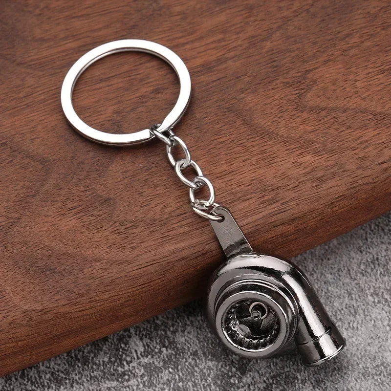 Mini Car Turbo Metal Keyring Pendant. Turbocharged Whistle Keychain, Silver