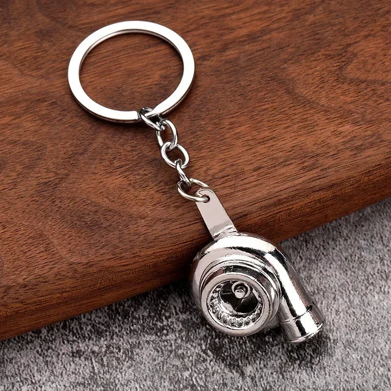 Mini Car Turbo Metal Keyring Pendant. Turbocharged Whistle Keychain, Silver, 
