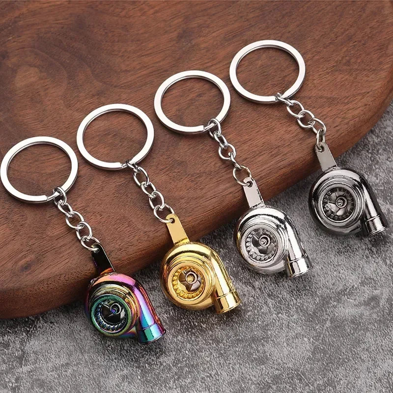 Mini Car Turbo Metal Keyring Pendant. Turbocharged Whistle Keychain, Silver, Gold, Multicolor, Brass, Gun Metal