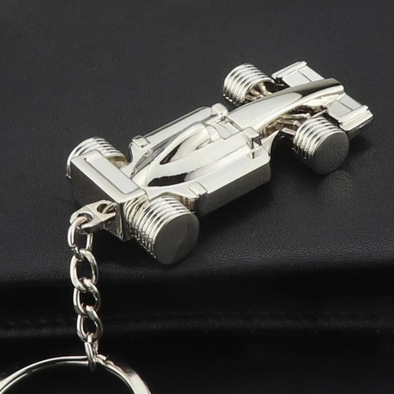 Mini Formula 1 Racing Car Pendant Keychain. F1 Race Keyring Accessory Silver Car