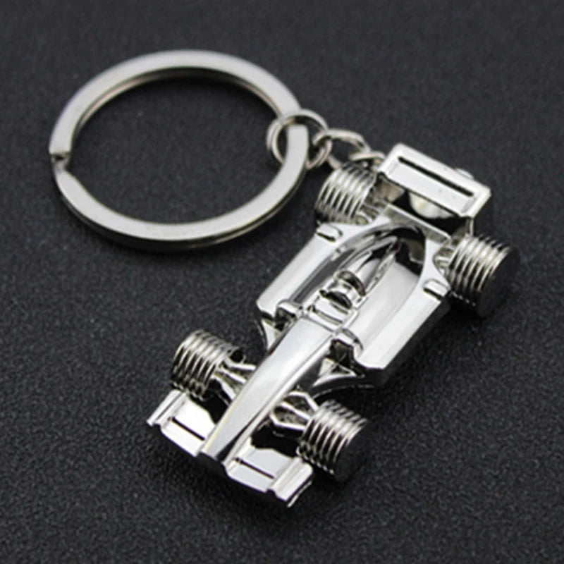 Mini Formula 1 Racing Car Pendant Keychain. F1 Race Keyring Accessory Silver Cars