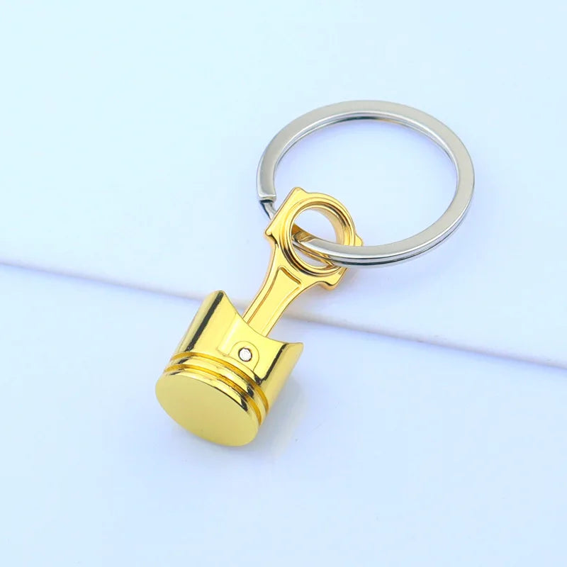 Mini Piston Keychain Pendant. Car Engine Keyring Accessory. Gold