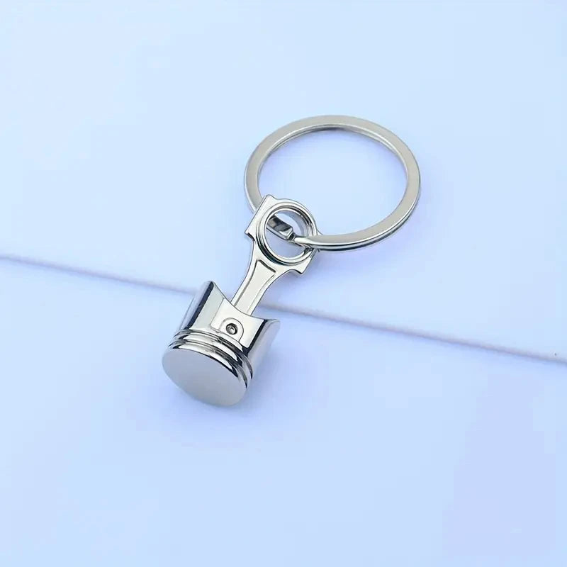 Mini Piston Keychain Pendant. Car Engine Keyring Accessory. Silver