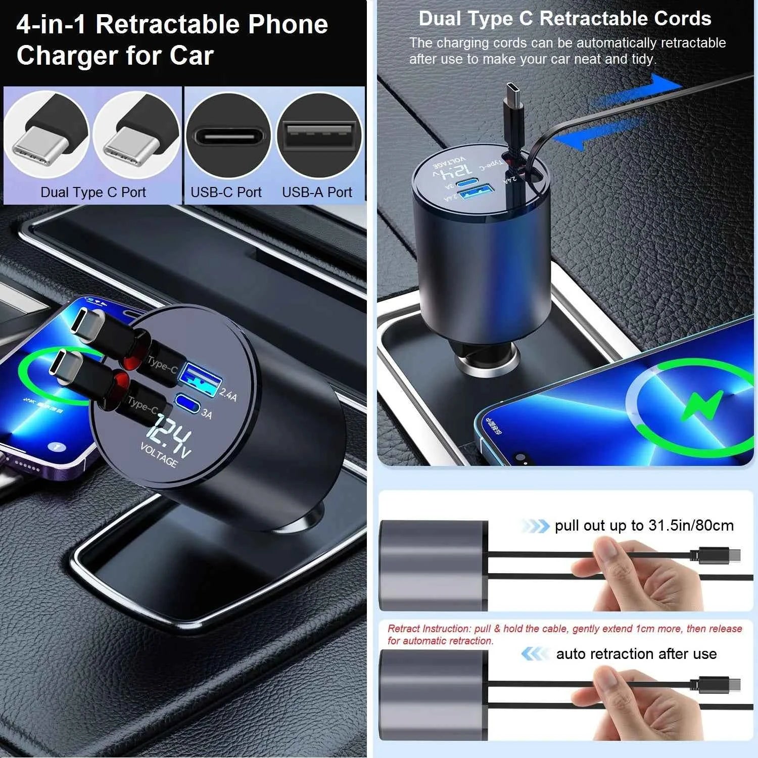 4 in 1 Retractable Car Charger