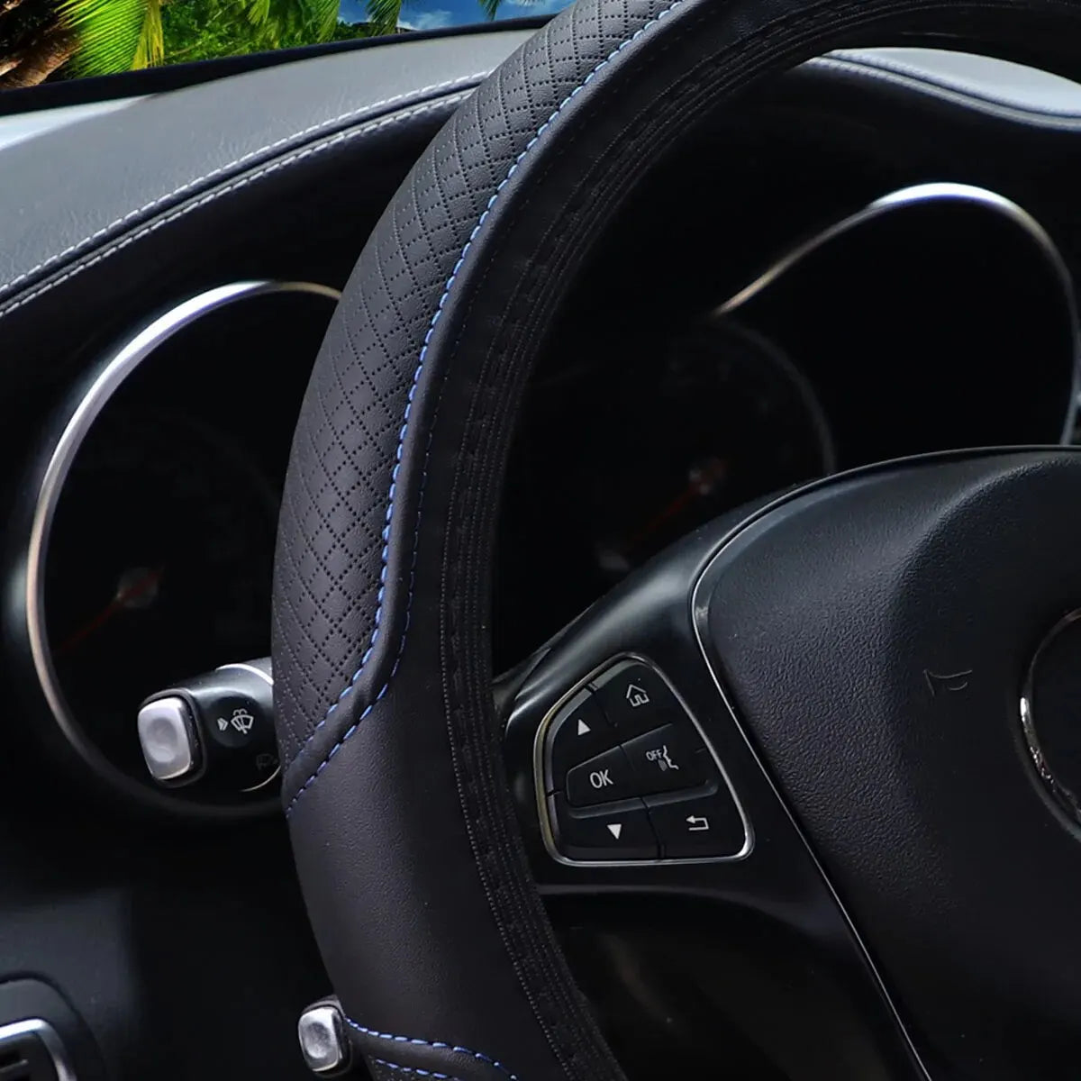 Stitched Leather Steering Wheel Cover. Universal Fit Comfortable Minimal Look Blue Black
