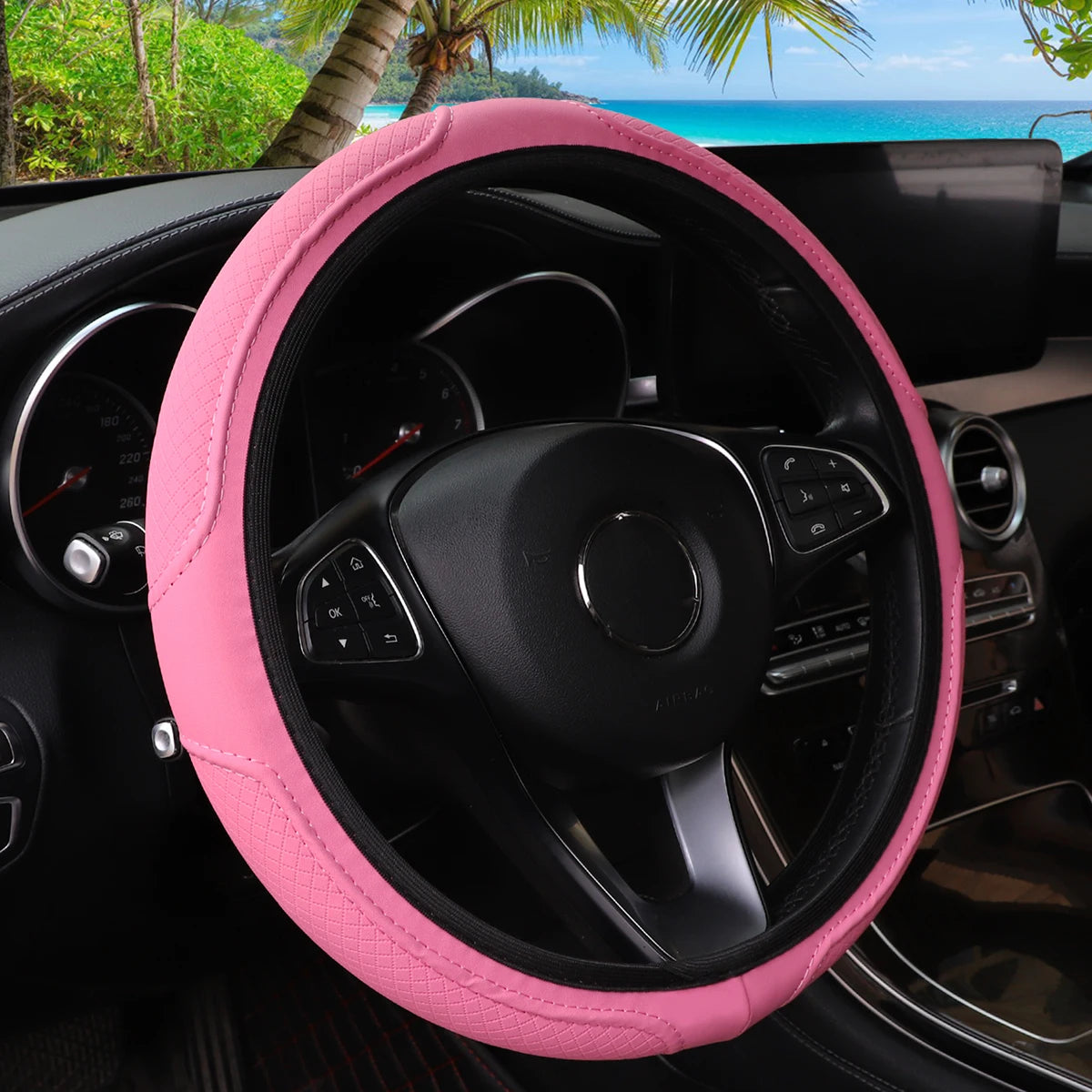 Stitched Leather Steering Wheel Cover. Universal Fit Comfortable Minimal Look Cute Girly Light Pink